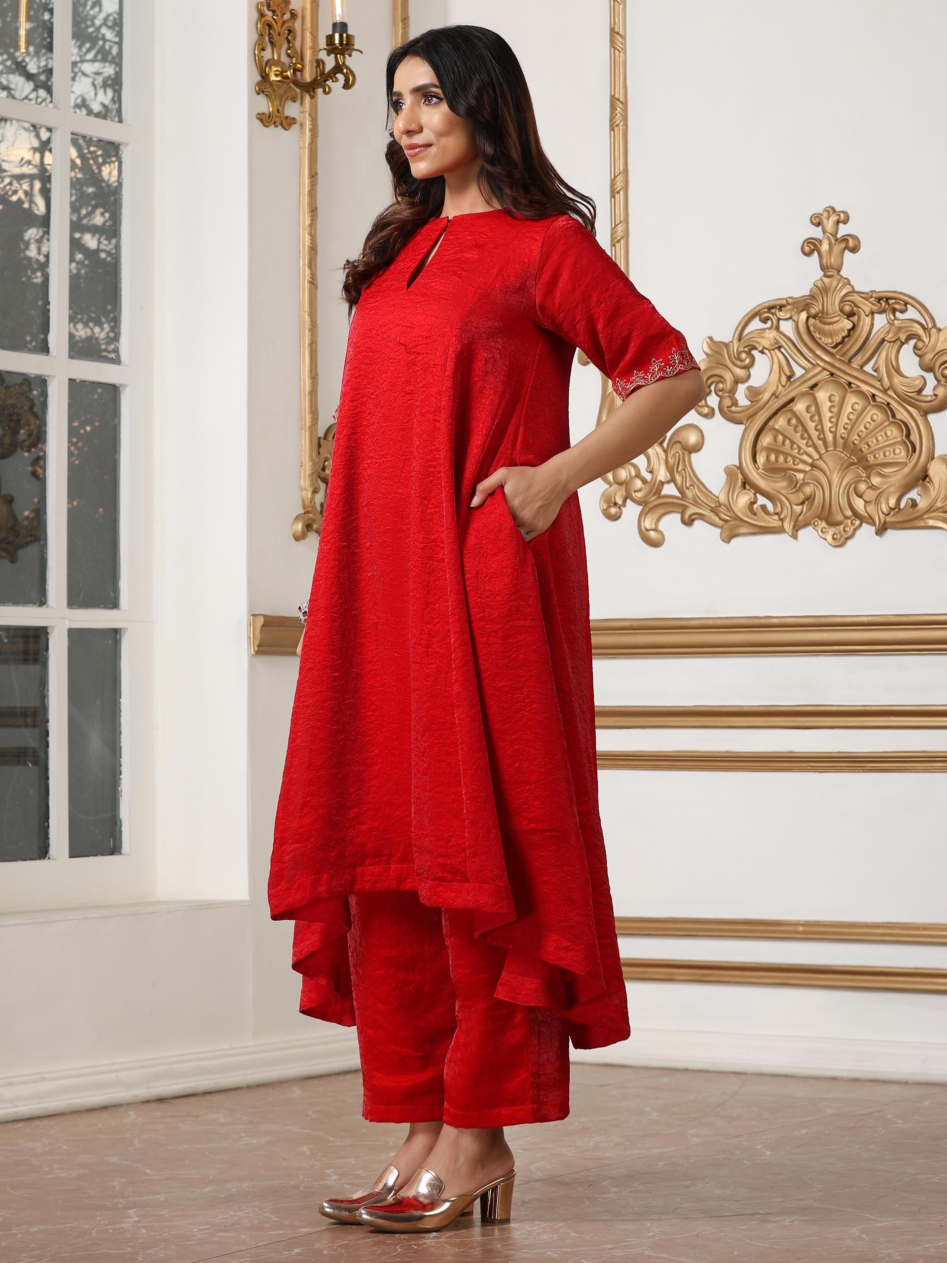 Women’s Red Hi-Low Metallic Satin Suit Set with Pant | 2 Pc Set, Crushed Satin Fabric, Embroidered Detailing, Half Sleeves, Festive Party Wear