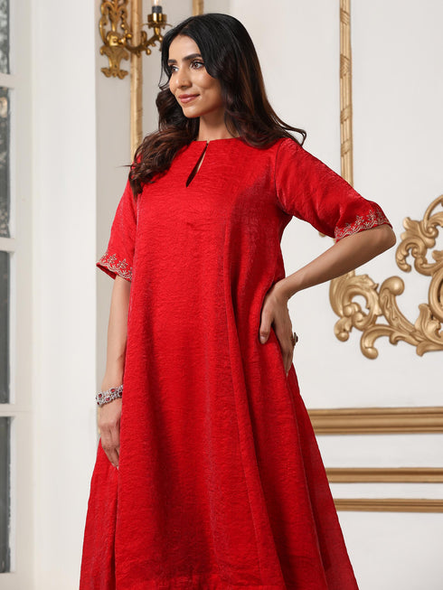 Women’s Red Hi-Low Metallic Satin Suit Set with Pant | 2 Pc Set, Crushed Satin Fabric, Embroidered Detailing, Half Sleeves, Festive Party Wear