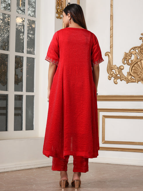 Women’s Red Hi-Low Metallic Satin Suit Set with Pant | 2 Pc Set, Crushed Satin Fabric, Embroidered Detailing, Half Sleeves, Festive Party Wear