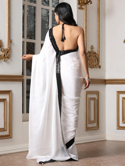 Women’s White and Black Sequin Saree | 1 Pc, Satin Fabric with Sequin Border, Festive Party Wear