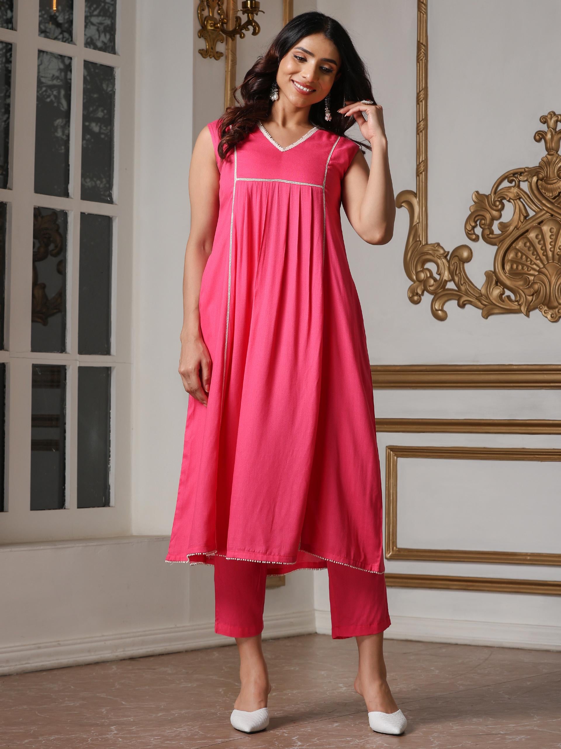 Women’s Pink Sleeveless Suit Set with Pant | 2 Pc Set, Paneled Design, Lace Detailing, Sleeveless, Festive Party Wear (Viscose Breathable Soft Natural Fabric)