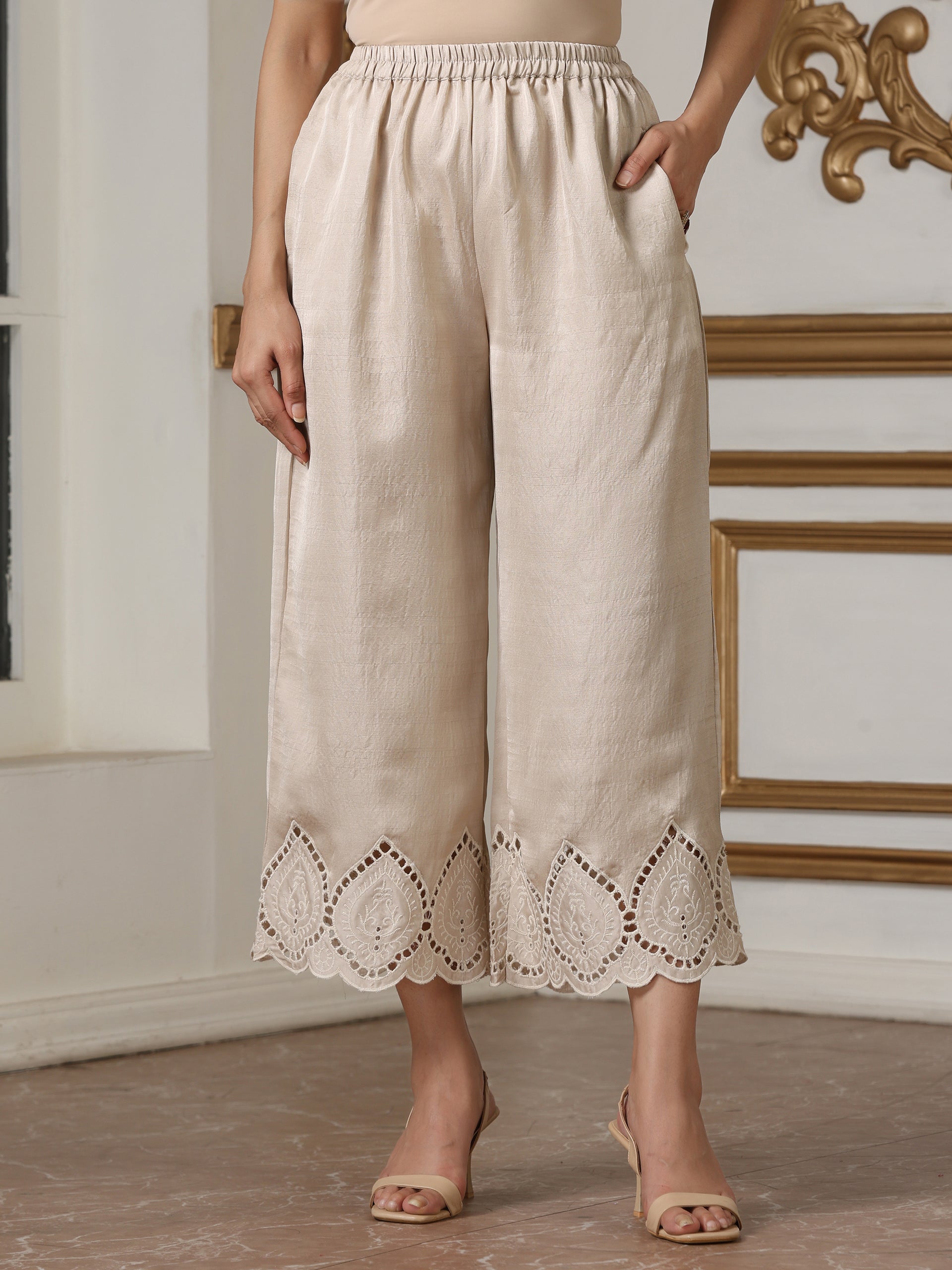 Women’s Cream Suit Set with Pant | 2 Pc Set, A-Line, Swiss Embroidery Front Panel, Party Wear, Casual (PRF'T Lux Duchess Satin Fabric)
