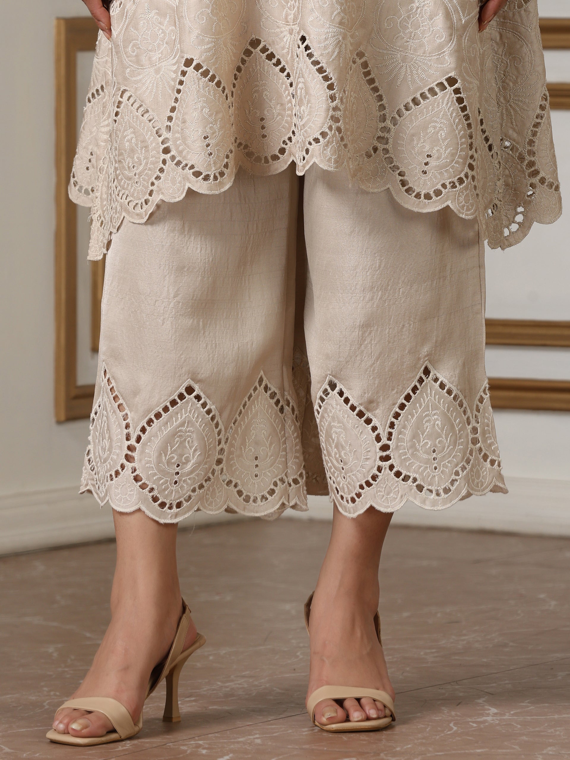 Women’s Cream Suit Set with Pant | 2 Pc Set, A-Line, Swiss Embroidery, Sleeveless, Work Wear, Casual (PRF'T Lux Duchess Satin Fabric)