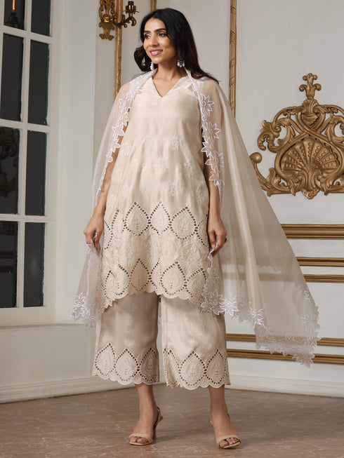 Women’s Cream Cut Work Edge Organza Dupatta | 1 Pc, Cut Work Embroidery, Festive Party Wear
