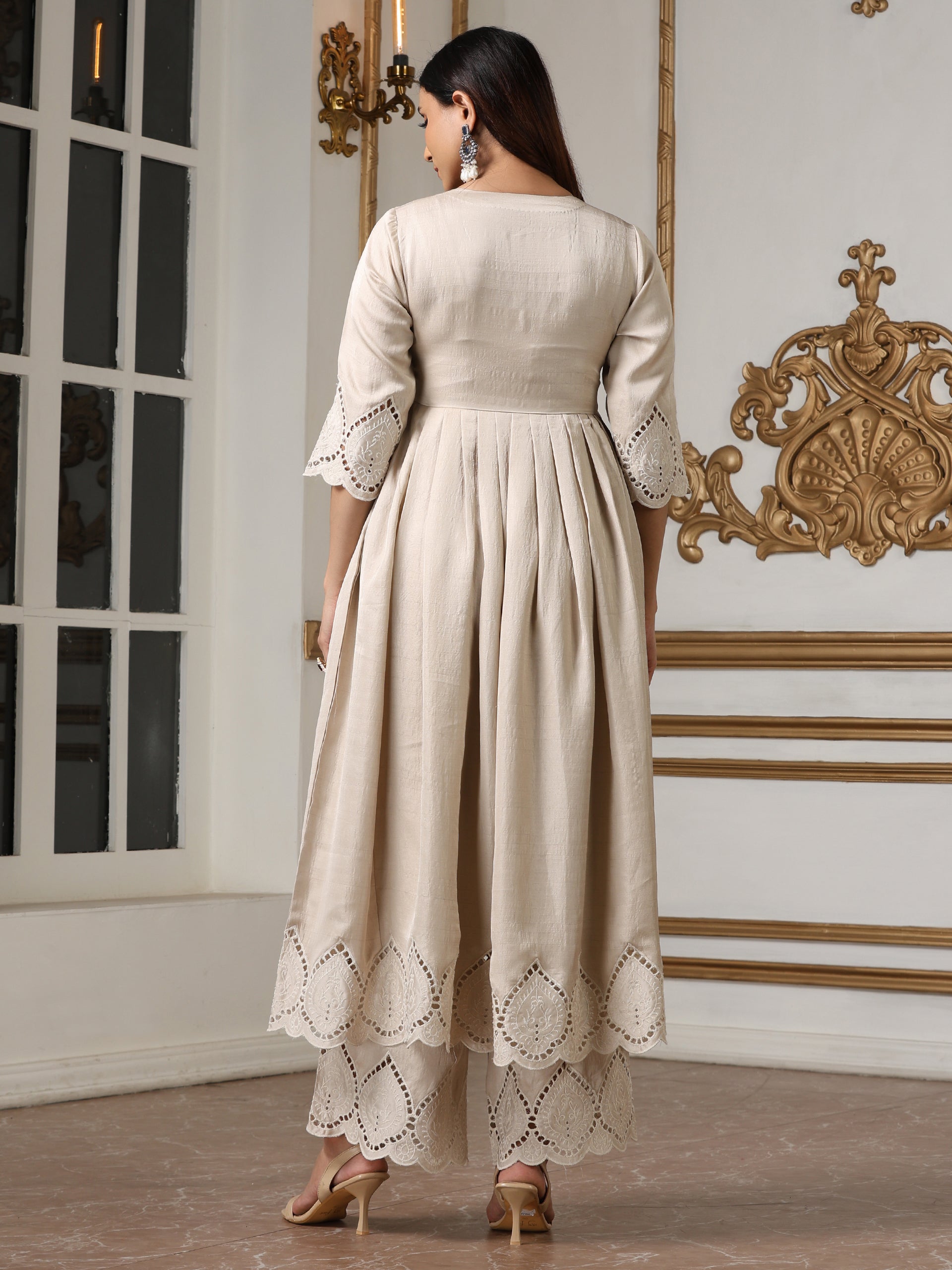 Women’s Cream Suit Set with Pant | 2 Pc Set, A-Line, Swiss Embroidery Front Panel, Party Wear, Casual (PRF'T Lux Duchess Satin Fabric)