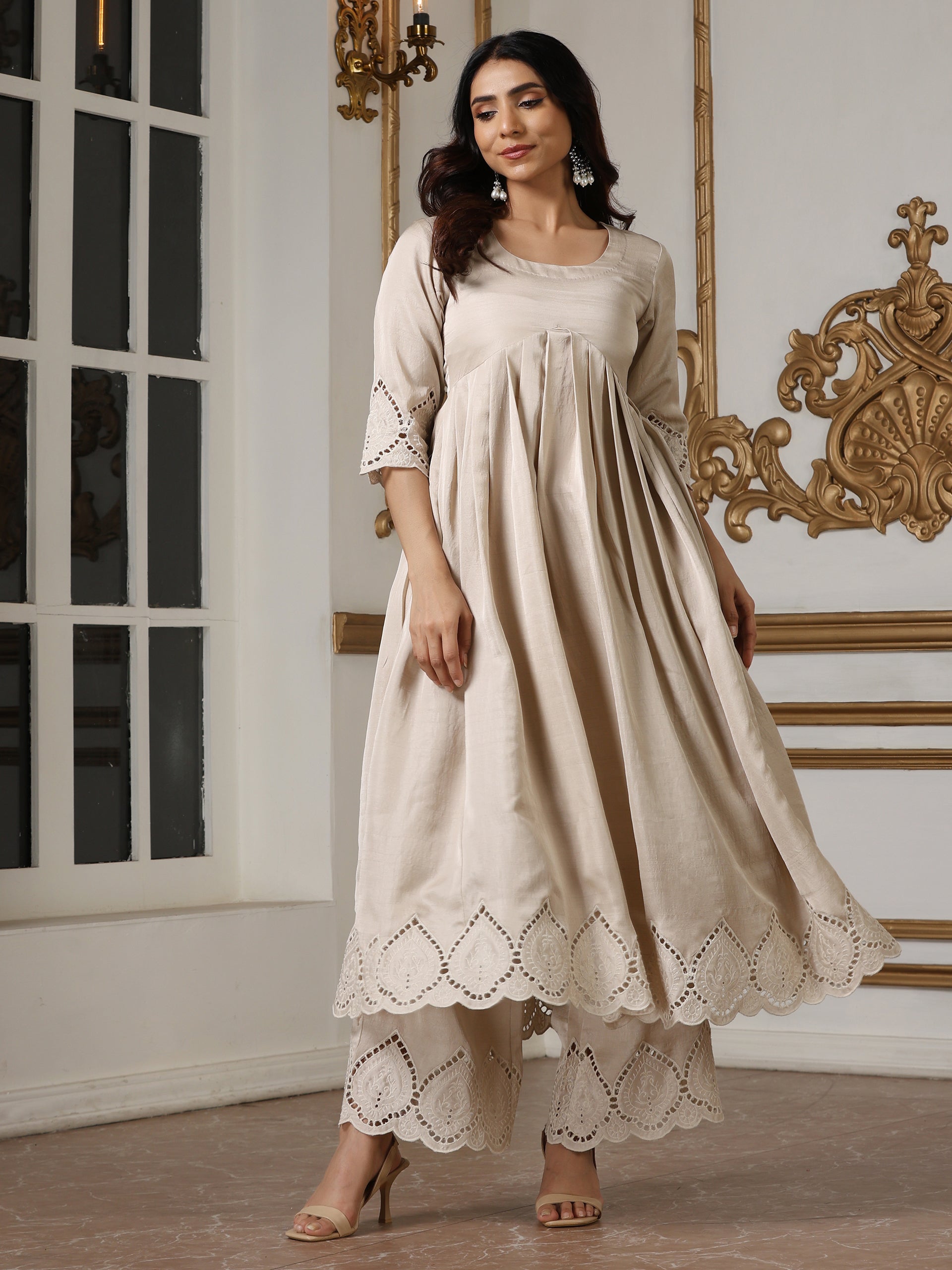 Women’s Cream Suit Set with Pant | 2 Pc Set, A-Line, Swiss Embroidery Front Panel, Party Wear, Casual (PRF'T Lux Duchess Satin Fabric)