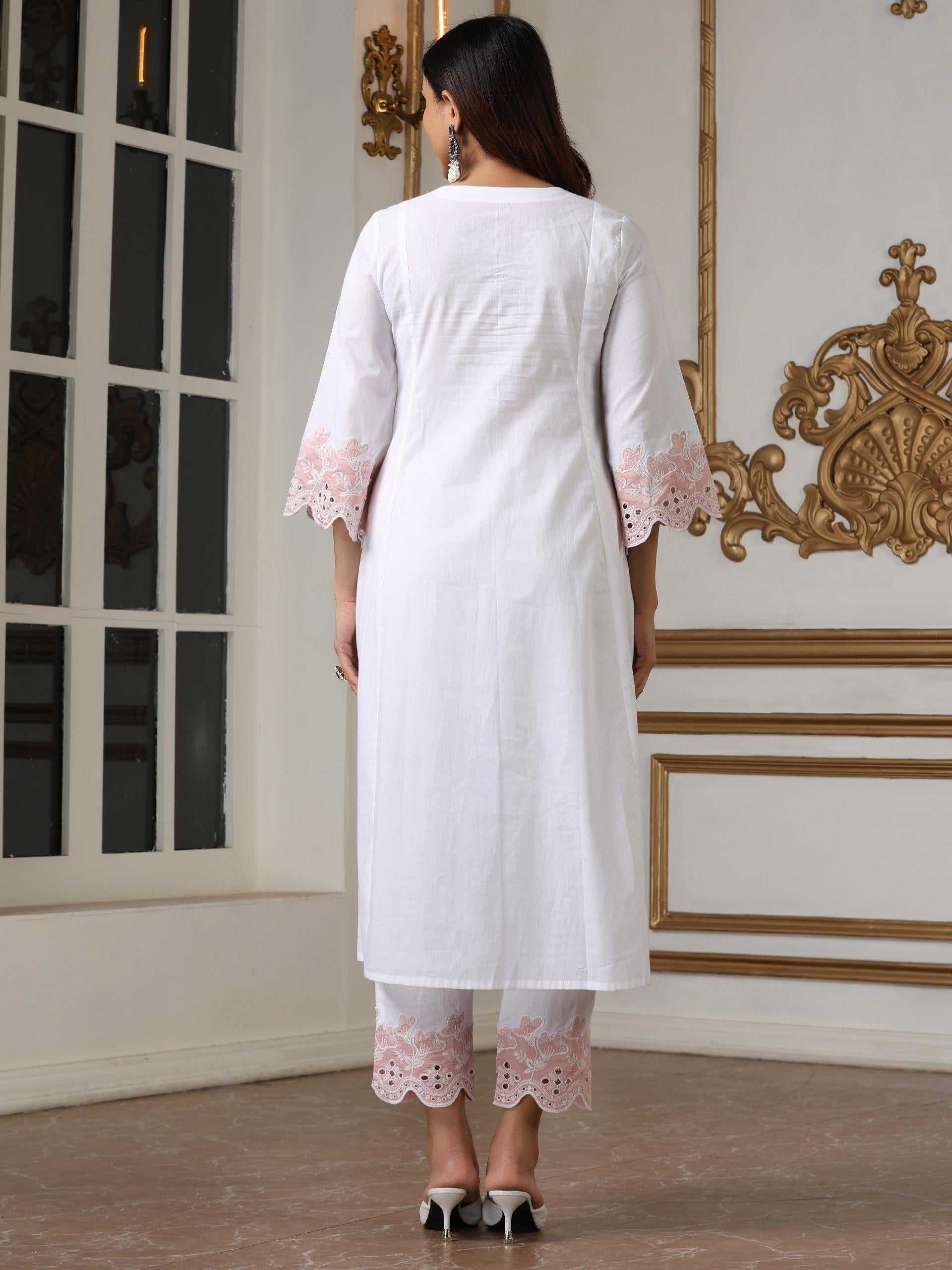 Women’s White Suit Set with Pant | 2 Pc Set, Paneled Design, Schiffli Embroidery on Hem, 3/4th Sleeves, Work Wear , Casual Wear(100% Cotton Cambric Extra Soft Breathable Fabric)