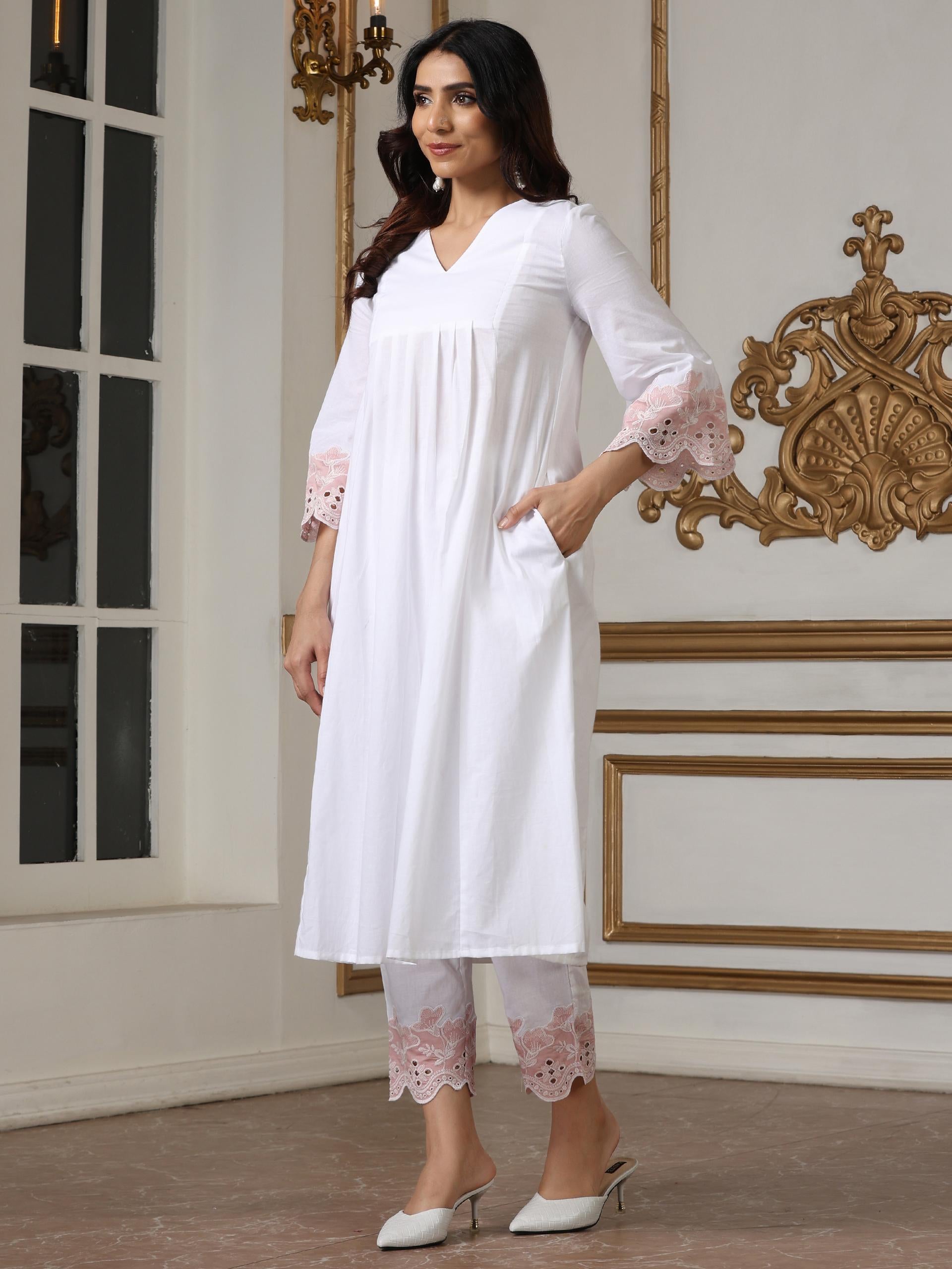 Women’s White Suit Set with Pant | 2 Pc Set, Paneled Design, Schiffli Embroidery on Hem, 3/4th Sleeves, Work Wear , Casual Wear(100% Cotton Cambric Extra Soft Breathable Fabric)