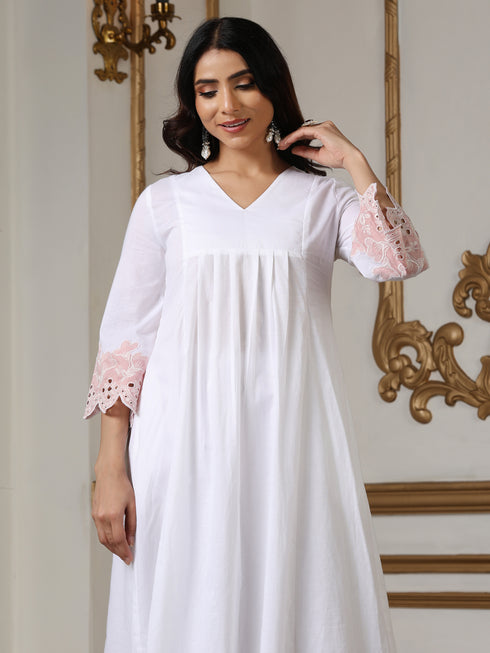 Women’s White Pink Schffli Kurta | 1 Pc, Schiffli Swiss Embroidery on Sleeve, Work Wear, Casual (100% Cotton Cambric Extra Soft Breathable Fabric)