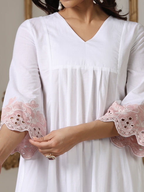 Women’s White Pink Schffli Kurta | 1 Pc, Schiffli Swiss Embroidery on Sleeve, Work Wear, Casual (100% Cotton Cambric Extra Soft Breathable Fabric)