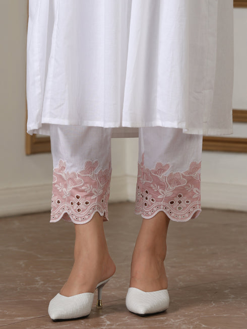 Women’s White Pink Schffli Kurta | 1 Pc, Schiffli Swiss Embroidery on Sleeve, Work Wear, Casual (100% Cotton Cambric Extra Soft Breathable Fabric)
