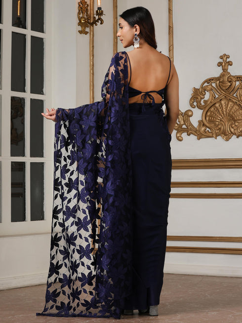 Women’s Northern Lights Blue Saree with Blouse Fabric | 2 Pc Set, Satin and Net Fabric, Chantilly Lace Detailing, Festive Party Wear