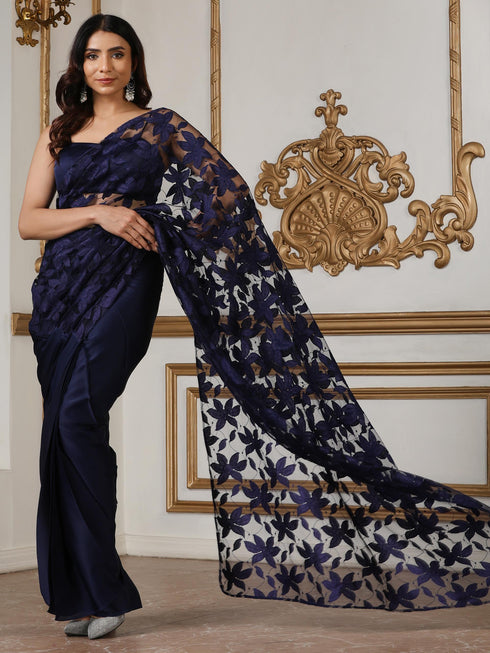 Women’s Northern Lights Blue Saree with Blouse Fabric | 2 Pc Set, Satin and Net Fabric, Chantilly Lace Detailing, Festive Party Wear