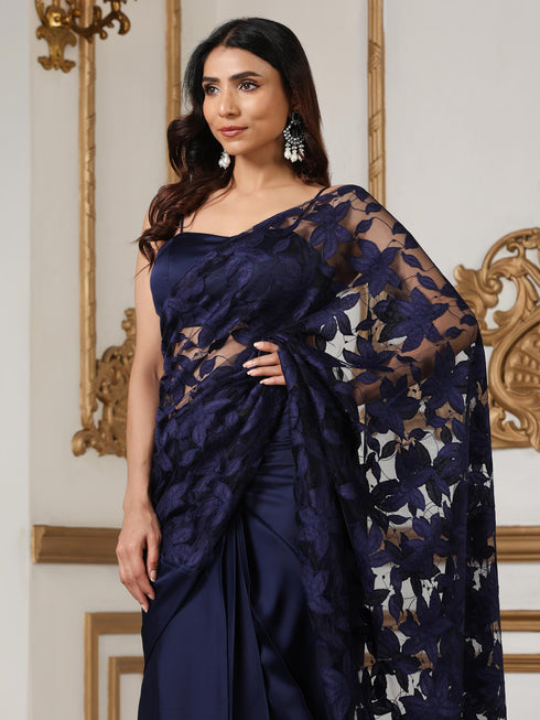 Women’s Northern Lights Blue Saree with Blouse Fabric | 2 Pc Set, Satin and Net Fabric, Chantilly Lace Detailing, Festive Party Wear