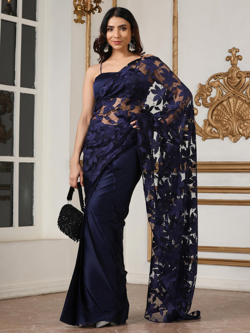 Women’s Northern Lights Blue Saree with Blouse Fabric | 2 Pc Set, Satin and Net Fabric, Chantilly Lace Detailing, Festive Party Wear