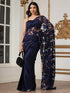 Women’s Northern Lights Blue Saree with Blouse Fabric | 2 Pc Set, Satin and Net Fabric, Chantilly Lace Detailing, Festive Party Wear