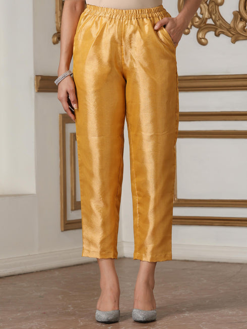 Women’s Banarasi Haldi Suit Set with Pant | 2 Pc Set, Banarasi Tissue Fabric, Hand Embroidery & Bead Detailing, 3/4th Sleeves, Festive Party Wear