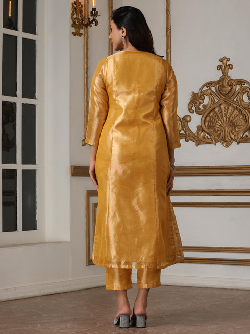 Women’s Banarasi Haldi Suit Set with Pant | 2 Pc Set, Banarasi Tissue Fabric, Hand Embroidery & Bead Detailing, 3/4th Sleeves, Festive Party Wear