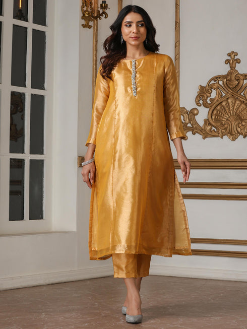 Women’s Banarasi Haldi Suit Set with Pant | 2 Pc Set, Banarasi Tissue Fabric, Hand Embroidery & Bead Detailing, 3/4th Sleeves, Festive Party Wear