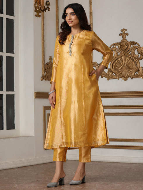 Women’s Banarasi Haldi Suit Set with Pant | 2 Pc Set, Banarasi Tissue Fabric, Hand Embroidery & Bead Detailing, 3/4th Sleeves, Festive Party Wear