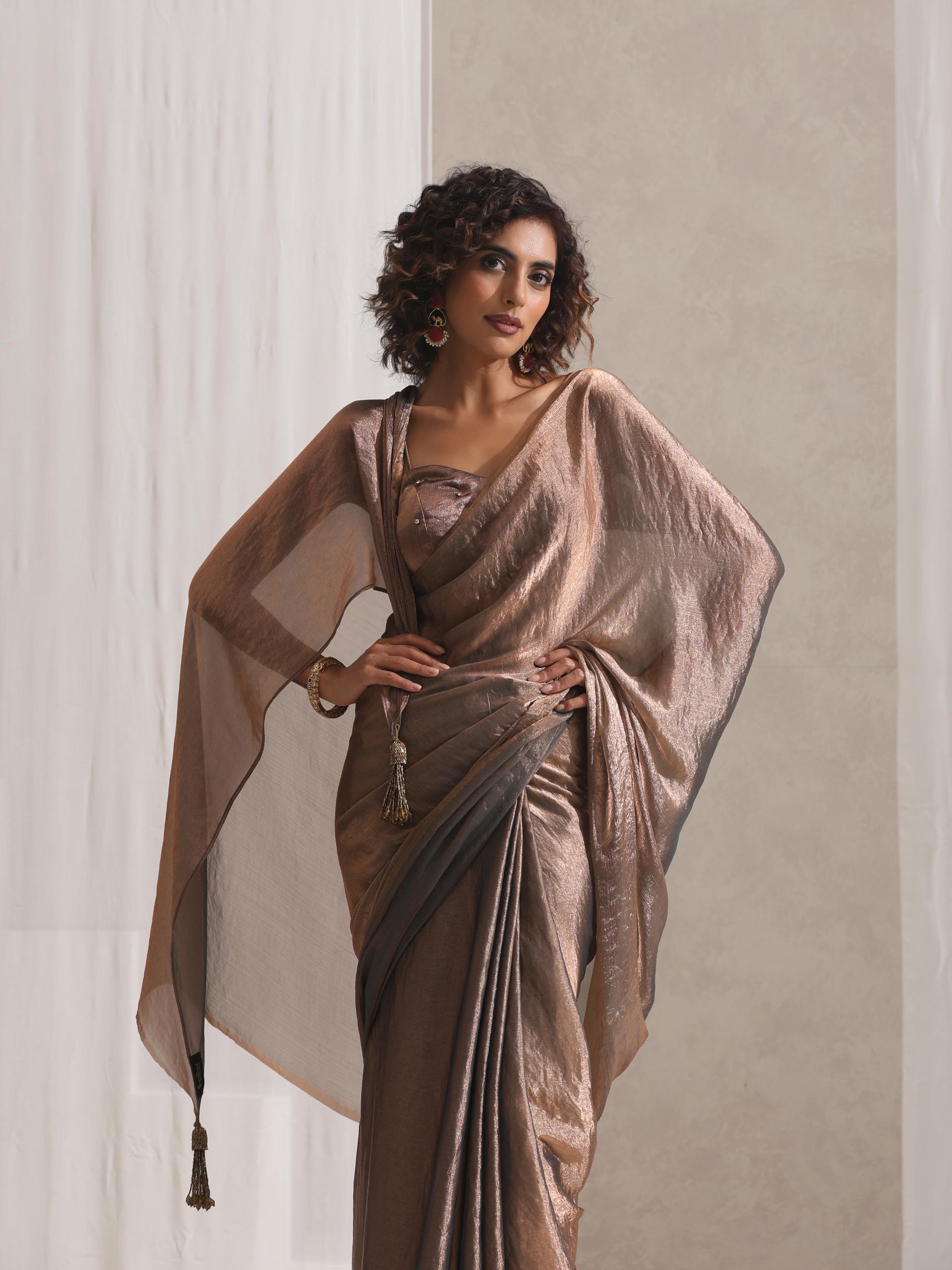 Copper Blue Metallic Satin Saree with Beaded Blouse Fabric