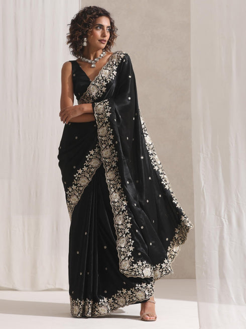 Black Onyx Posh Velvety Saree with Embroidery and Blouse Fabric