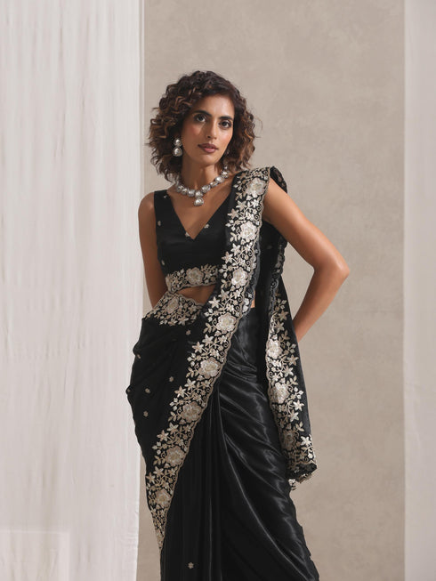 Black Onyx Posh Velvety Saree with Embroidery and Blouse Fabric