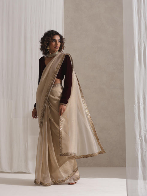 Alchemist Gold Soft Tissue Banarasi Saree with Lace with Velvet Blouse Fabric