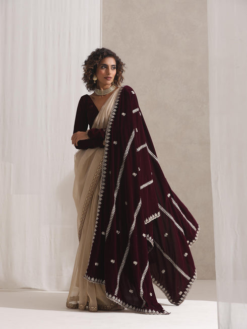Alchemist Gold Soft Tissue Banarasi Saree with Lace with Velvet Blouse Fabric