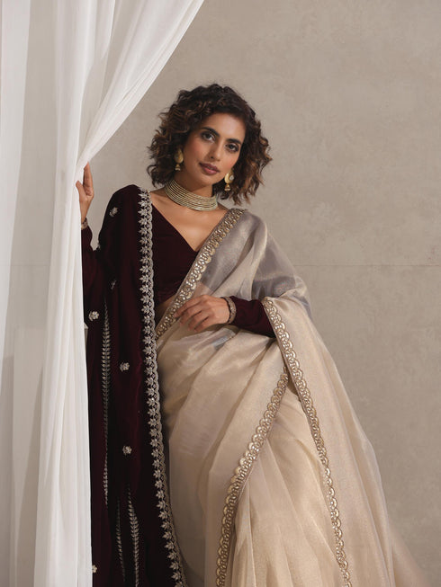 Alchemist Gold Soft Tissue Banarasi Saree with Lace with Velvet Blouse Fabric