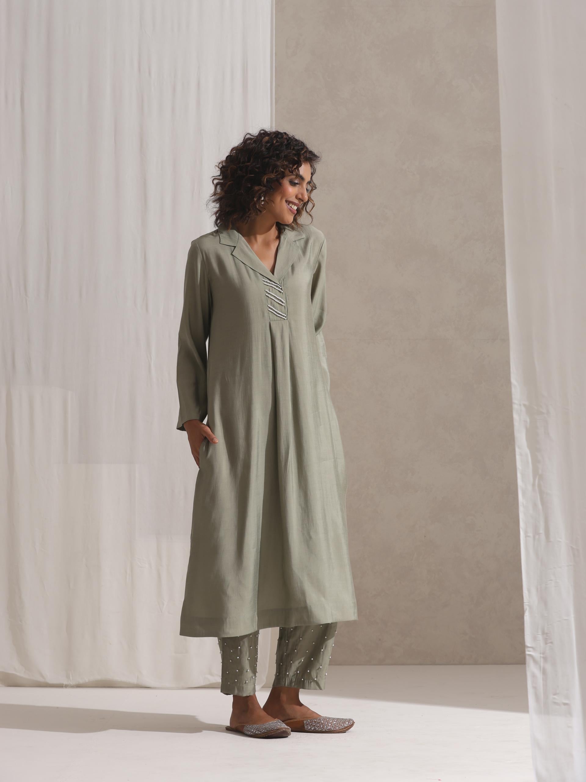 Women's Sage Kurta and Pyjama with Pearl Embroidery 2 Piece Set | Straight Fit, V Neck, 3/4 Sleeves, Pyjama, Work Wear, (AirSkin Cotton Silk Blend)