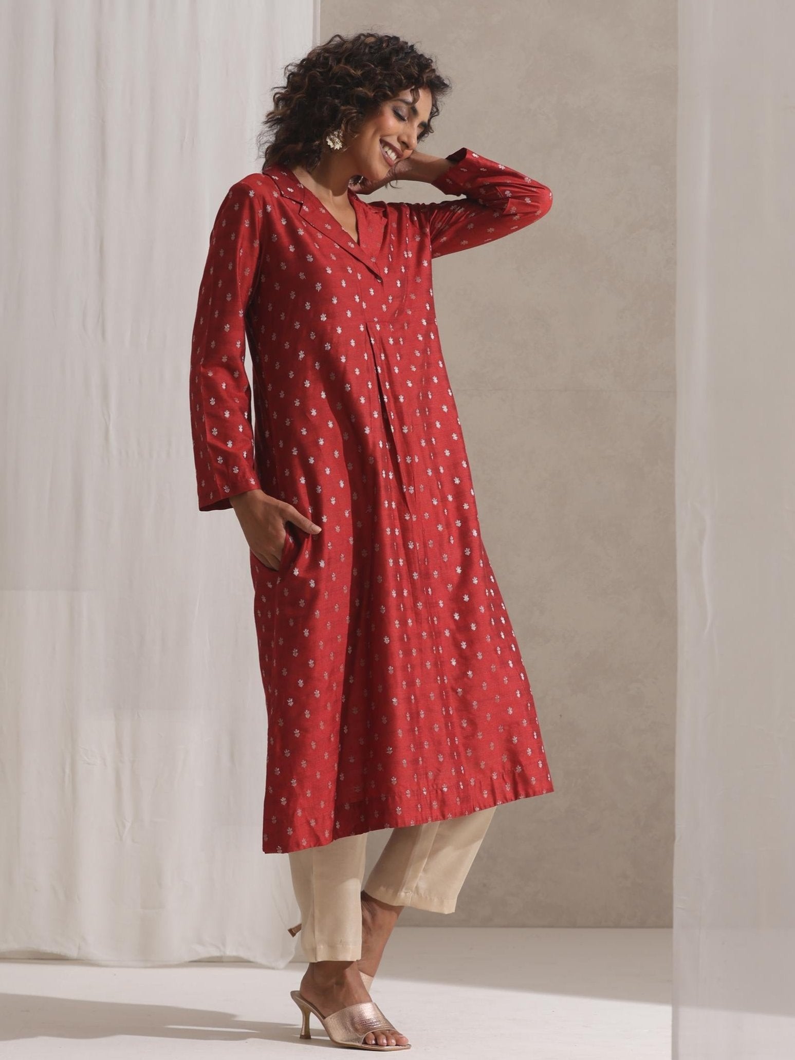 Women's Rust Varanasi Silk Woven Collar Kurta with Cream Pant 2 Piece Set | Straight Fit, Collar Neck, Full Sleeves, Pants, Workwear, (Varanasi Silk)