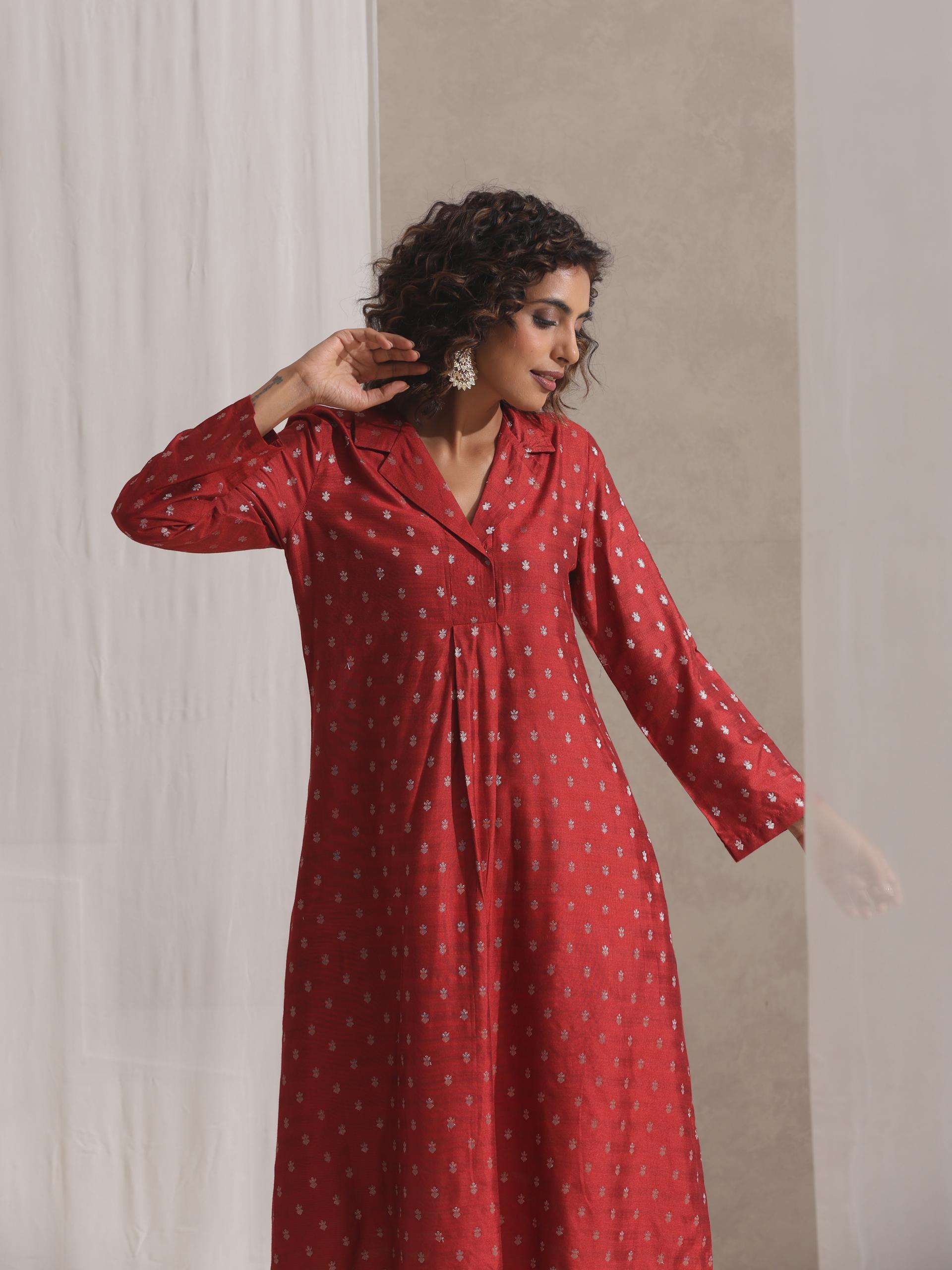 Women's Rust Varanasi Silk Woven Collar Kurta with Cream Pant 2 Piece Set | Straight Fit, Collar Neck, Full Sleeves, Pants, Workwear, (Varanasi Silk)