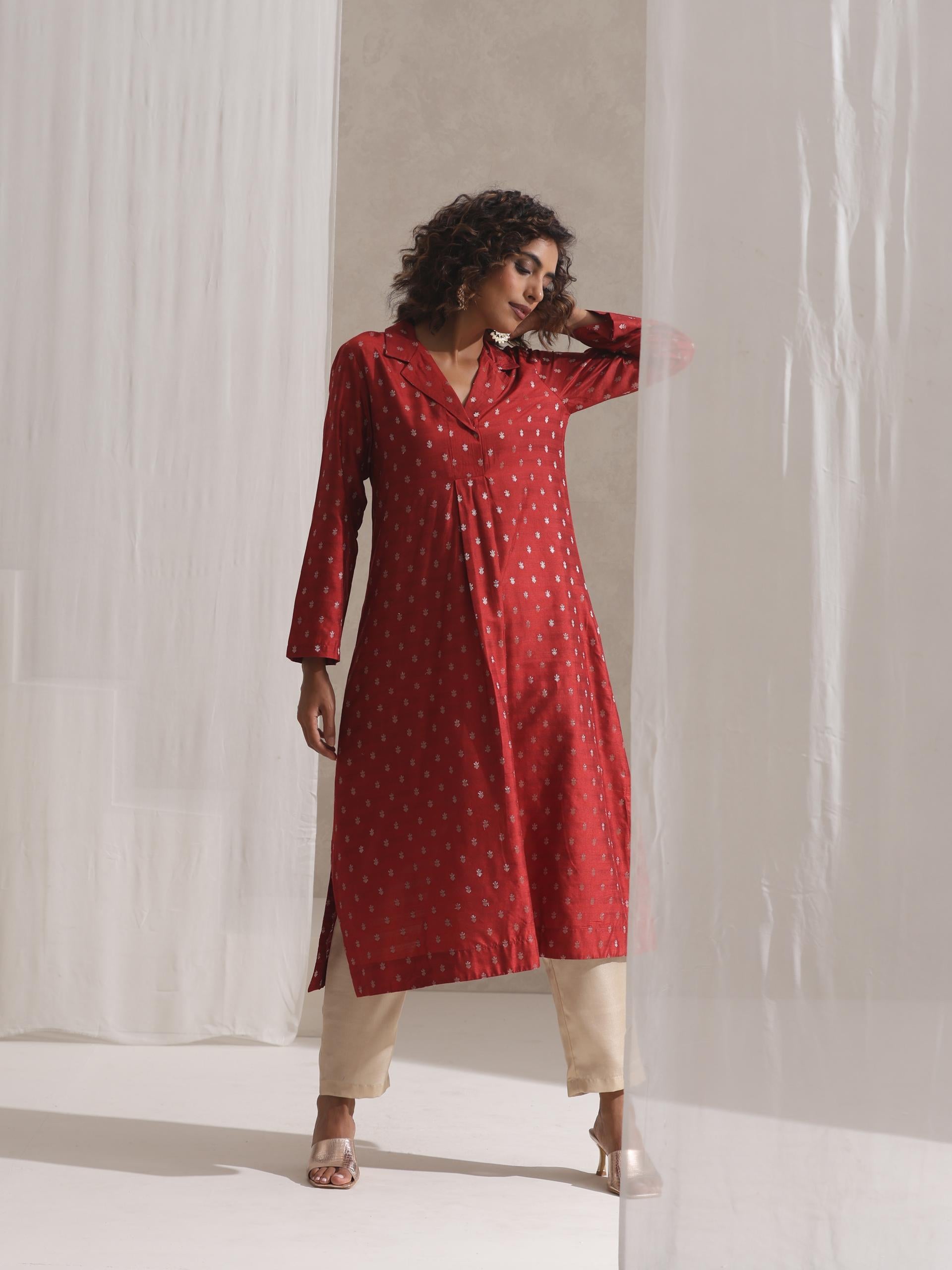 Women's Rust Varanasi Silk Woven Collar Kurta with Cream Pant 2 Piece Set | Straight Fit, Collar Neck, Full Sleeves, Pants, Workwear, (Varanasi Silk)
