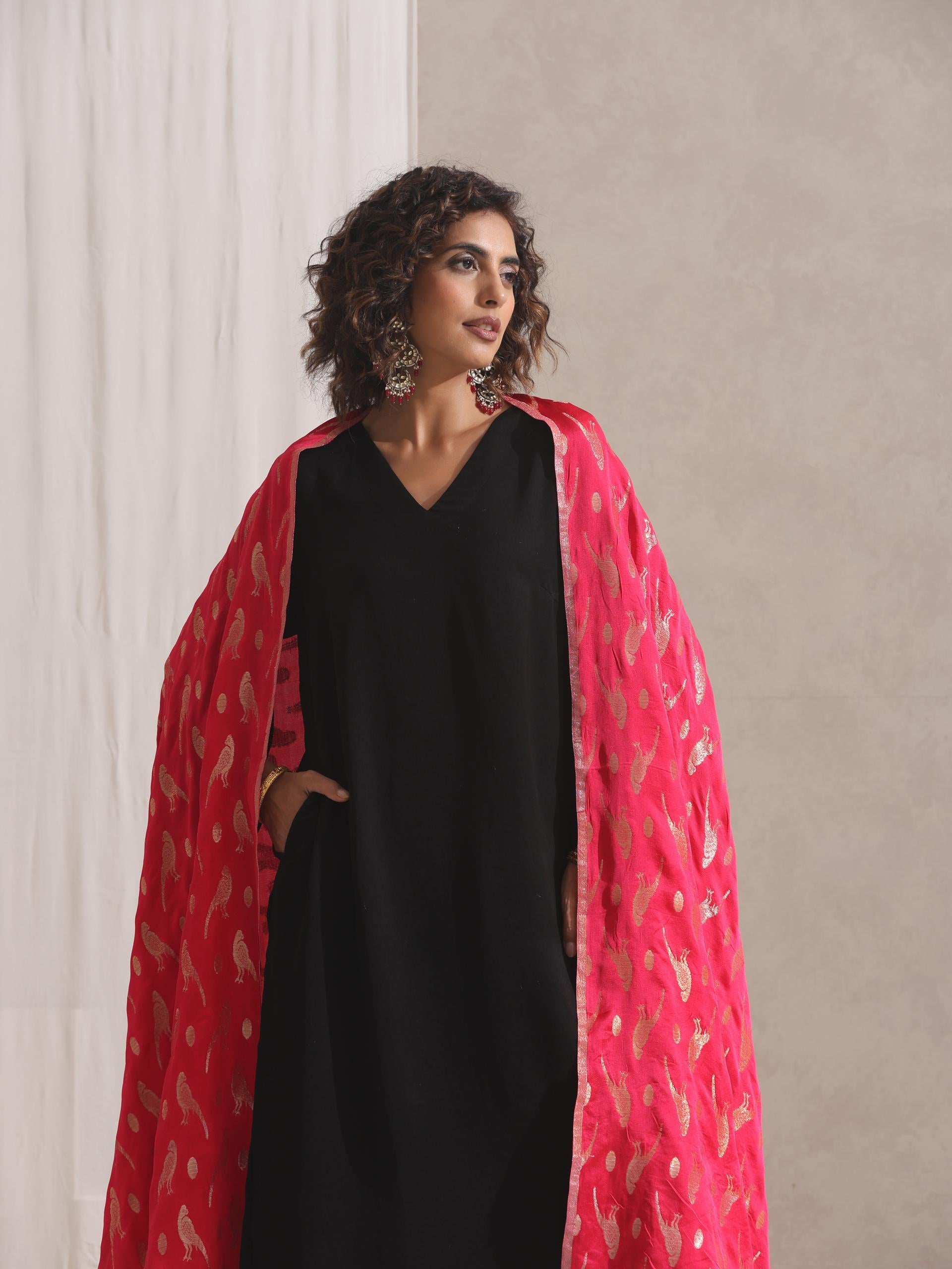 Women's Black Korean Kurta with Pockets and Pyjama 2 Piece Set | Straight Fit, V Neck, Full Sleeves, Workwear, (Korean Fabric)