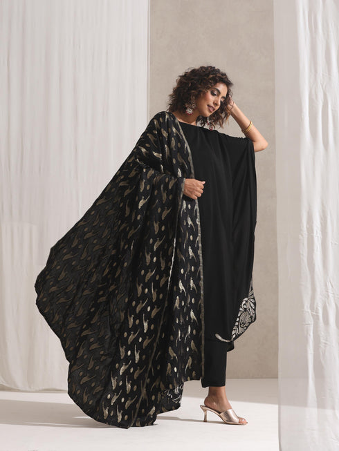 Black Gold Bird Jacquard Dupatta