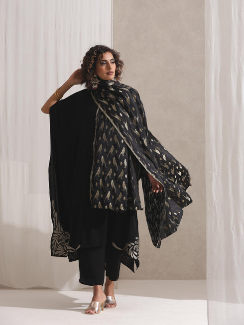 Black Gold Bird Jacquard Dupatta