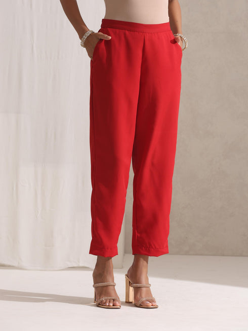 Women's Red Georgette Kurta and Dupatta with Lace and Pyjama 3 Piece Set | A-Line, Round Neck, Sleeveless, Pyjama, Festive Wear, (Georgette)