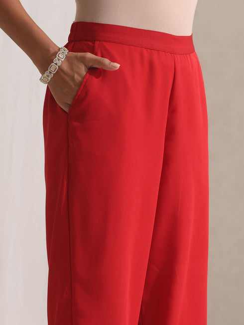 Women's Red Georgette Kurta and Dupatta with Lace and Pyjama 3 Piece Set | A-Line, Round Neck, Sleeveless, Pyjama, Festive Wear, (Georgette)