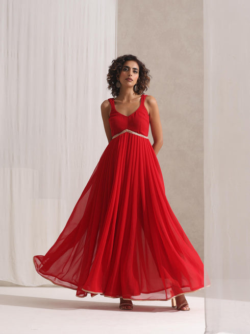 Women's Red Georgette Kurta and Dupatta with Lace and Pyjama 3 Piece Set | A-Line, Round Neck, Sleeveless, Pyjama, Festive Wear, (Georgette)