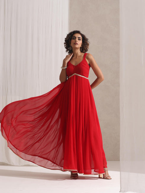 Women's Red Georgette Kurta and Dupatta with Lace and Pyjama 3 Piece Set | A-Line, Round Neck, Sleeveless, Pyjama, Festive Wear, (Georgette)