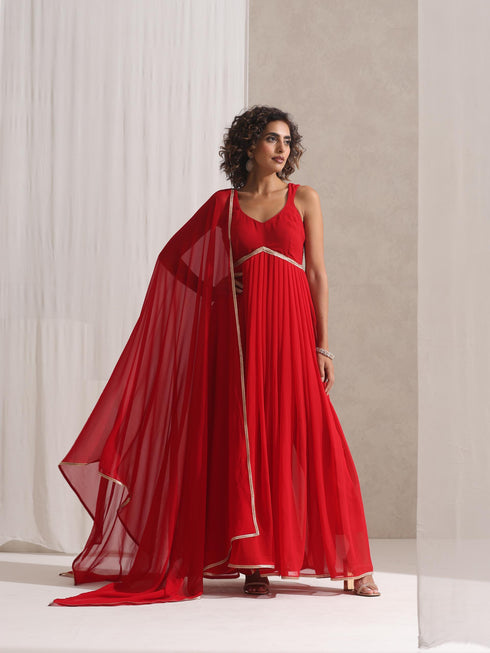 Women's Red Georgette Kurta and Dupatta with Lace and Pyjama 3 Piece Set | A-Line, Round Neck, Sleeveless, Pyjama, Festive Wear, (Georgette)