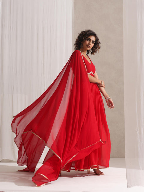 Women's Red Georgette Kurta and Dupatta with Lace and Pyjama 3 Piece Set | A-Line, Round Neck, Sleeveless, Pyjama, Festive Wear, (Georgette)