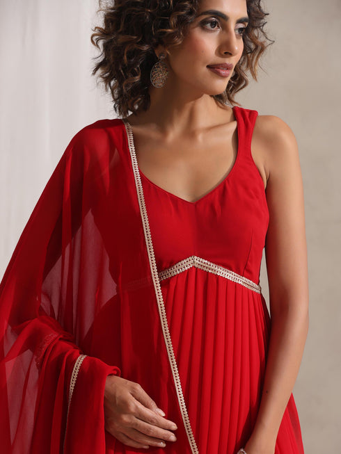 Women's Red Georgette Kurta and Dupatta with Lace and Pyjama 3 Piece Set | A-Line, Round Neck, Sleeveless, Pyjama, Festive Wear, (Georgette)