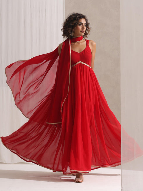 Women's Red Georgette Kurta and Dupatta with Lace and Pyjama 3 Piece Set | A-Line, Round Neck, Sleeveless, Pyjama, Festive Wear, (Georgette)