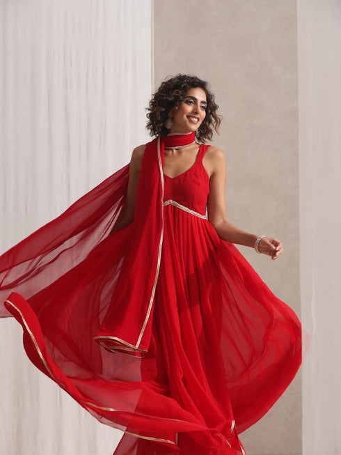 Women's Red Georgette Kurta and Dupatta with Lace and Pyjama 3 Piece Set | A-Line, Round Neck, Sleeveless, Pyjama, Festive Wear, (Georgette)