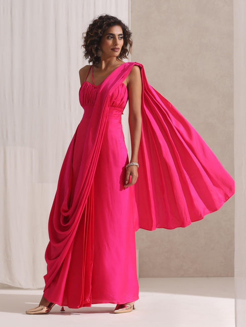 All is Well - Dress Saree with Adjustable Straps in Fuschia Satin