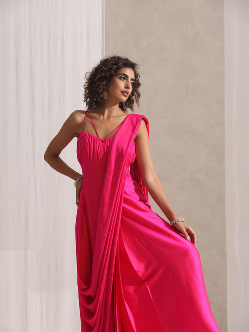 All is Well - Dress Saree with Adjustable Straps in Fuschia Satin