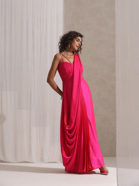 All is Well - Dress Saree with Adjustable Straps in Fuschia Satin