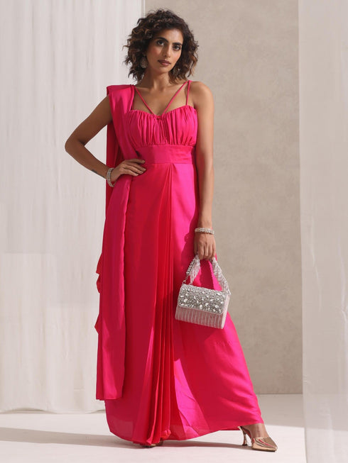 All is Well - Dress Saree with Adjustable Straps in Fuschia Satin